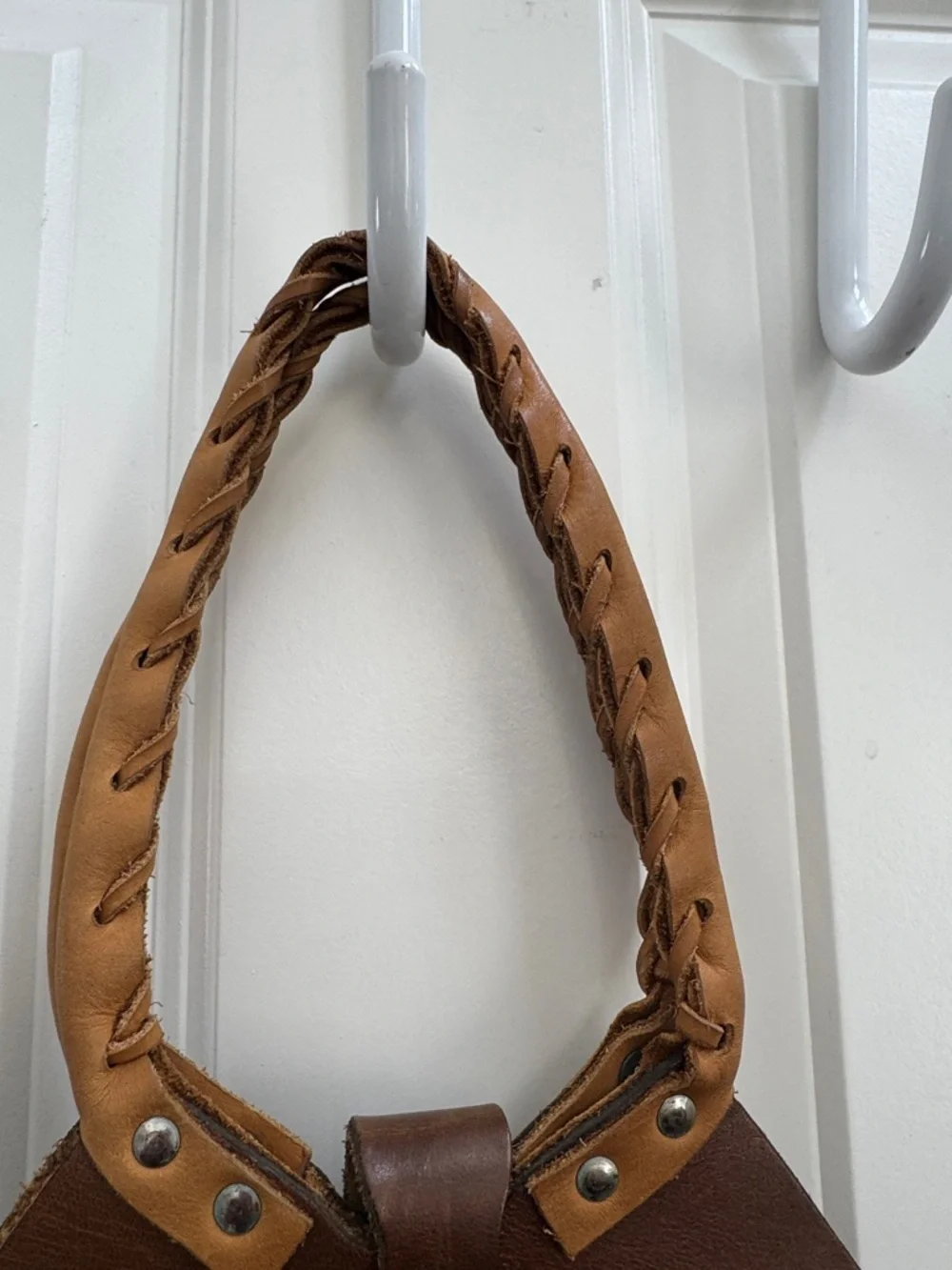 Two-Tone Tan and Dark Brown Braided-Handle Shoulder Bag